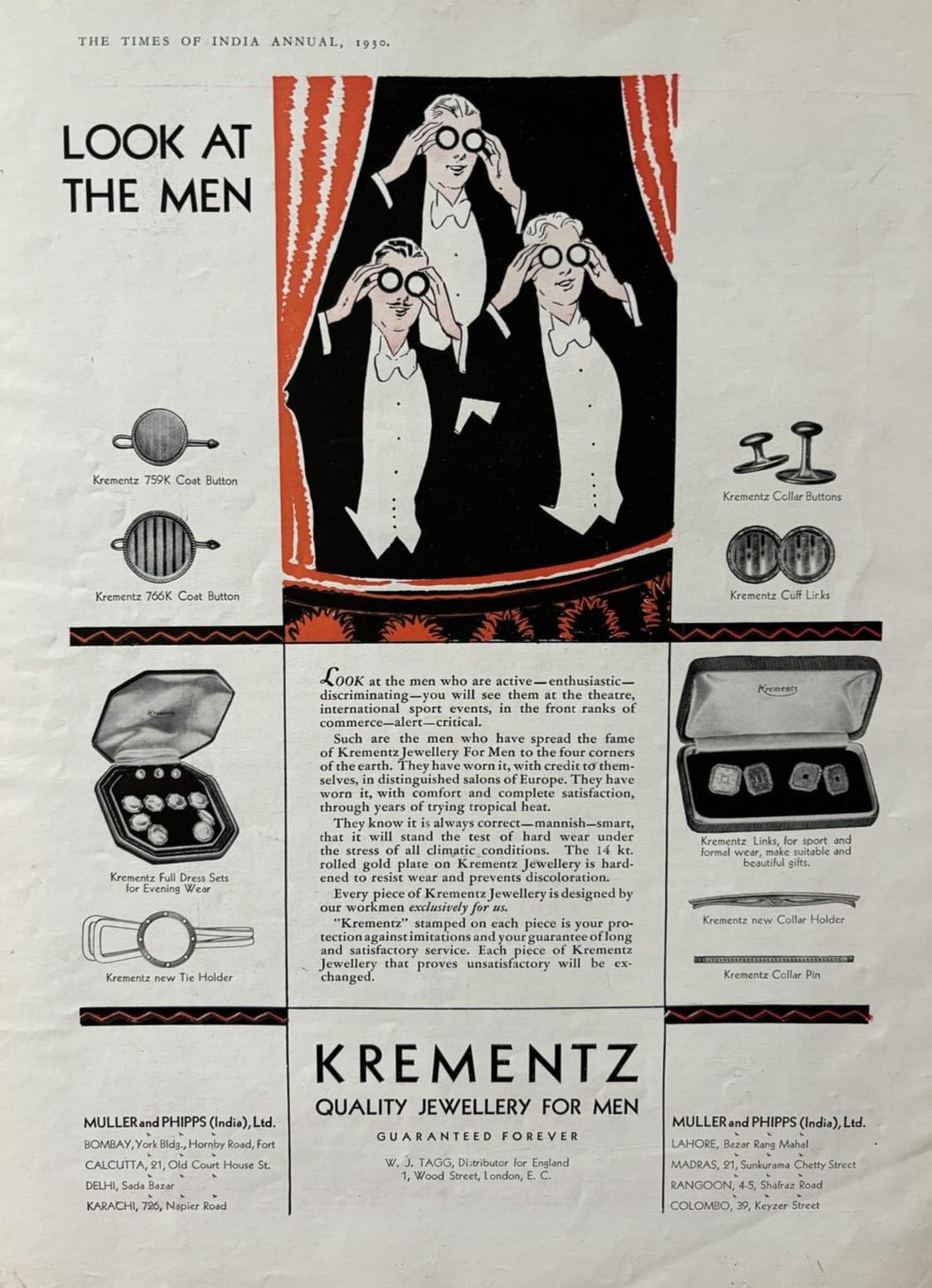 1930 Krementz Quality Jewelry For Men WJ Tagg England Tie Links VTG Print Ad