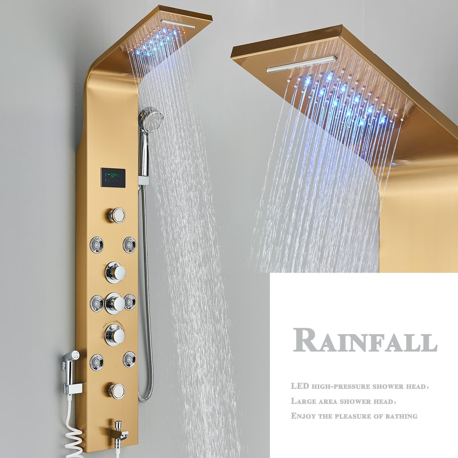 Gold LED Shower Panel Tower Rain Waterfall Massage Jets System Stainless Steel 3