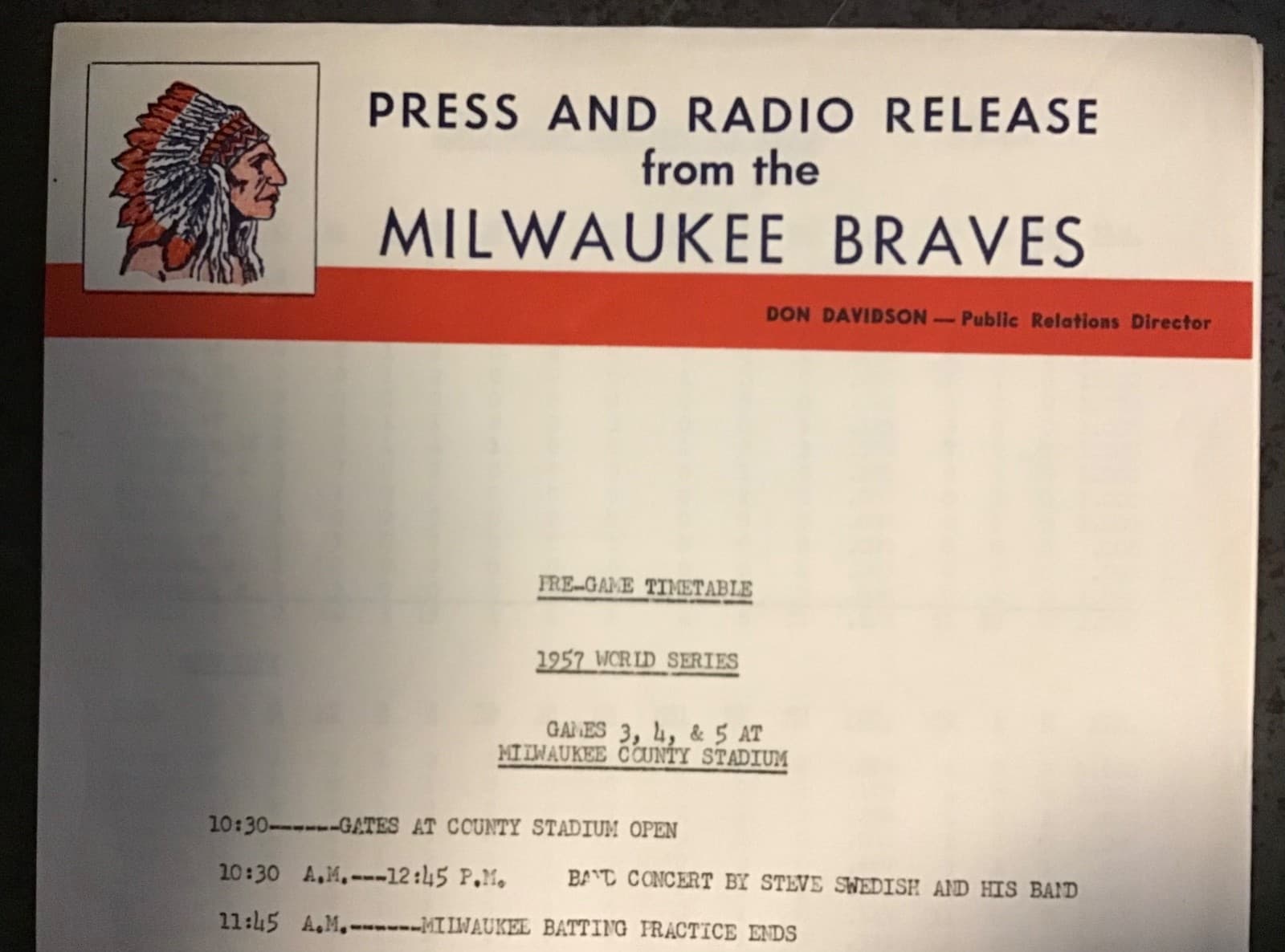 1957 Milwaukee BRAVES World Series Press and Radio Release. (Extremely RARE)
