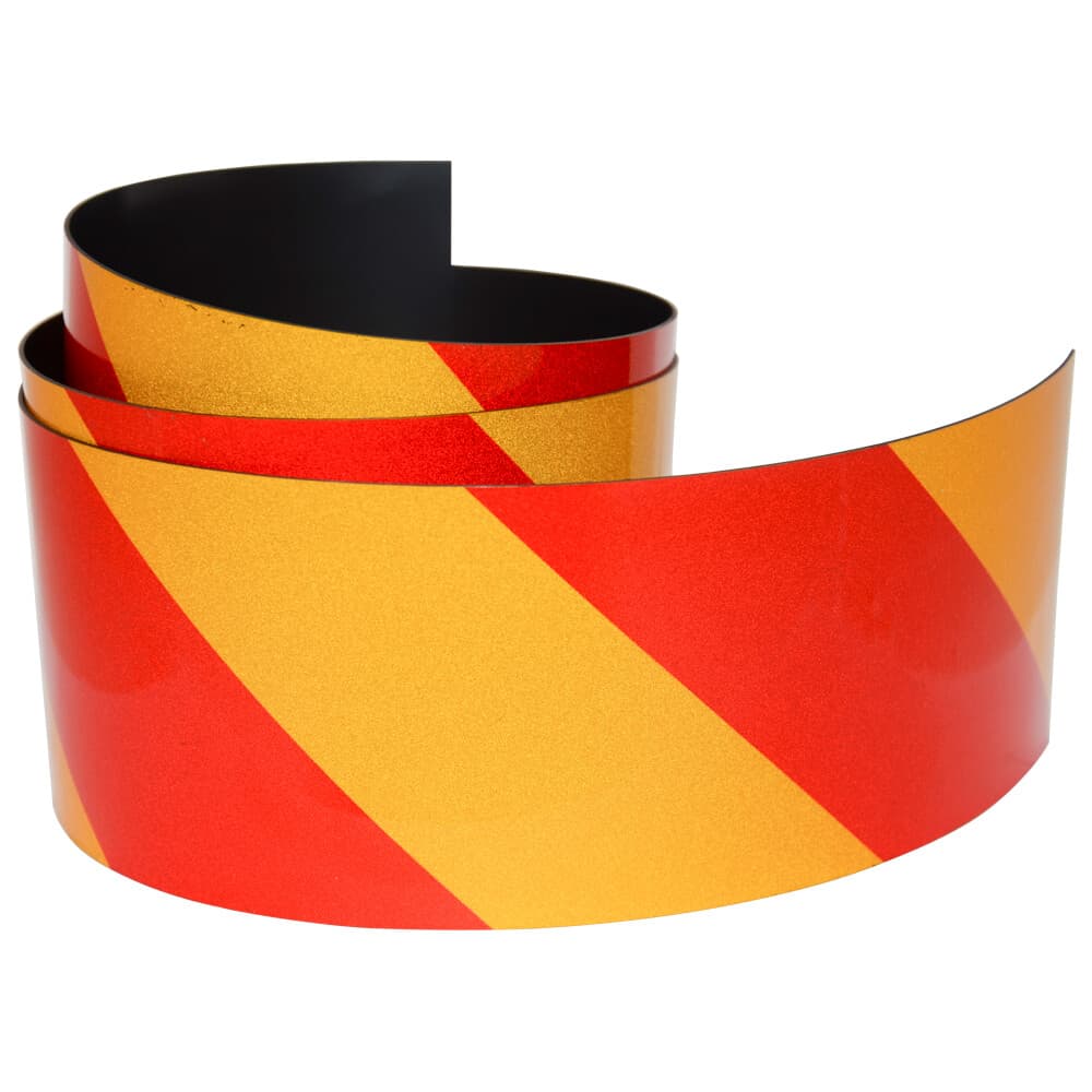 FLURO Magnetic Reflective Tape 1M x 75mm x 0.8mm Hi-Vis Red and Yellow Stripe 3