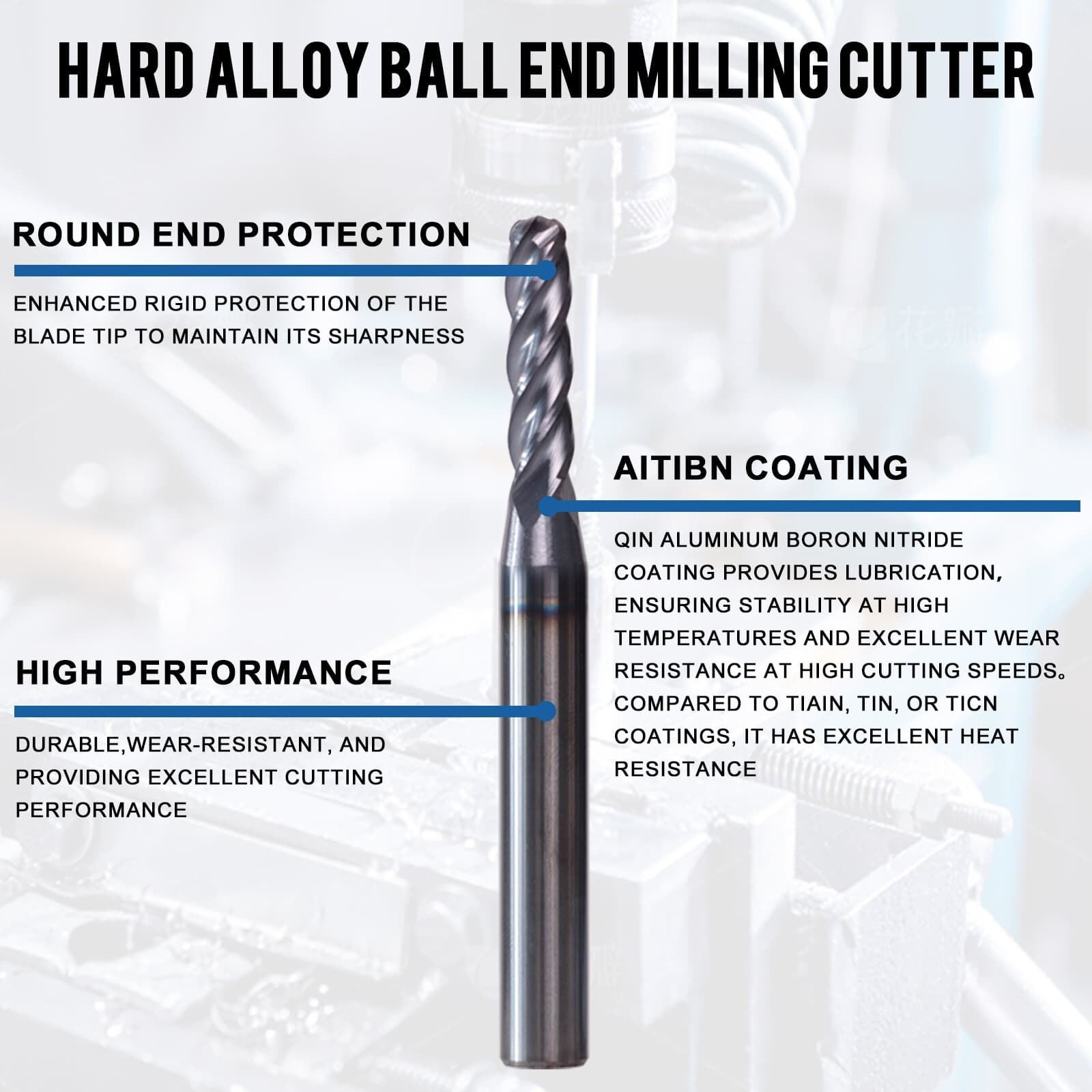 5 PCS 5/32" 4 Flute 2" Overall Length Ball Nose Carbide End Mill AlTiN Coated 2