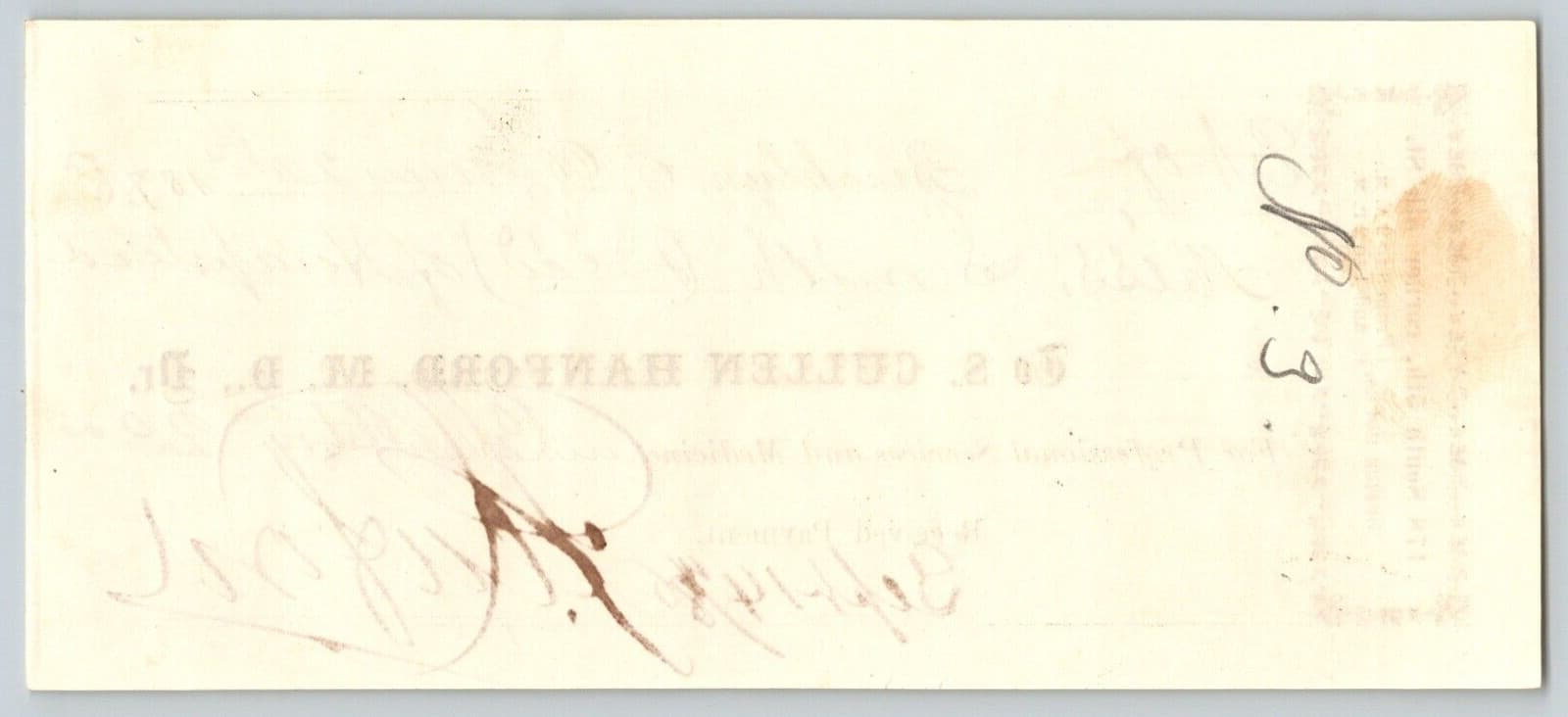 Cullen Hanford, M.D. 178 S. 5th Brooklyn E.D. 1886 Signed Medical Receipt 2