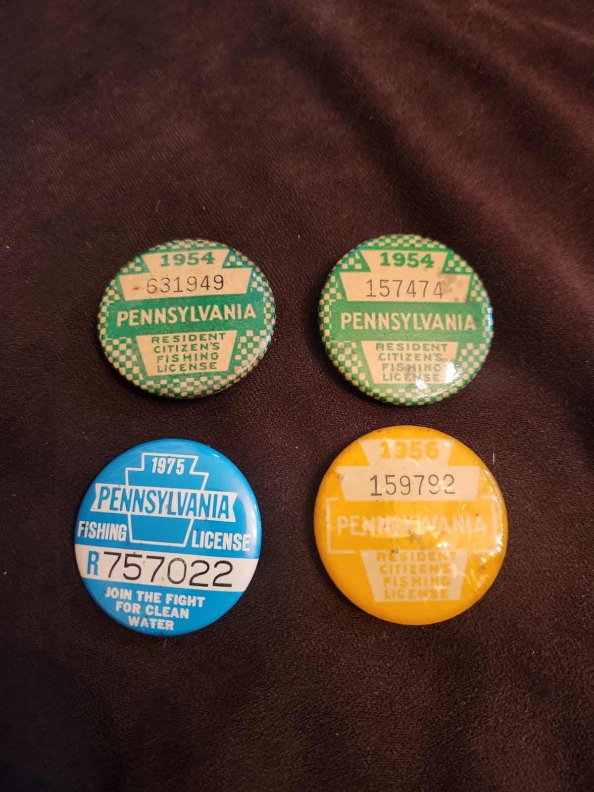 Fishing Licenses Pins  Years Are 1954 2 Of Them And 1956,1974 Pins