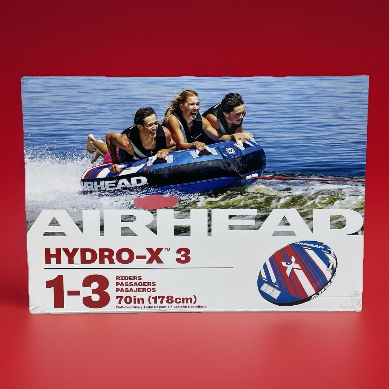 Airhead Hydro X 3 Person Towable Tube Boating Blue White Red New In Box USA 70” 5