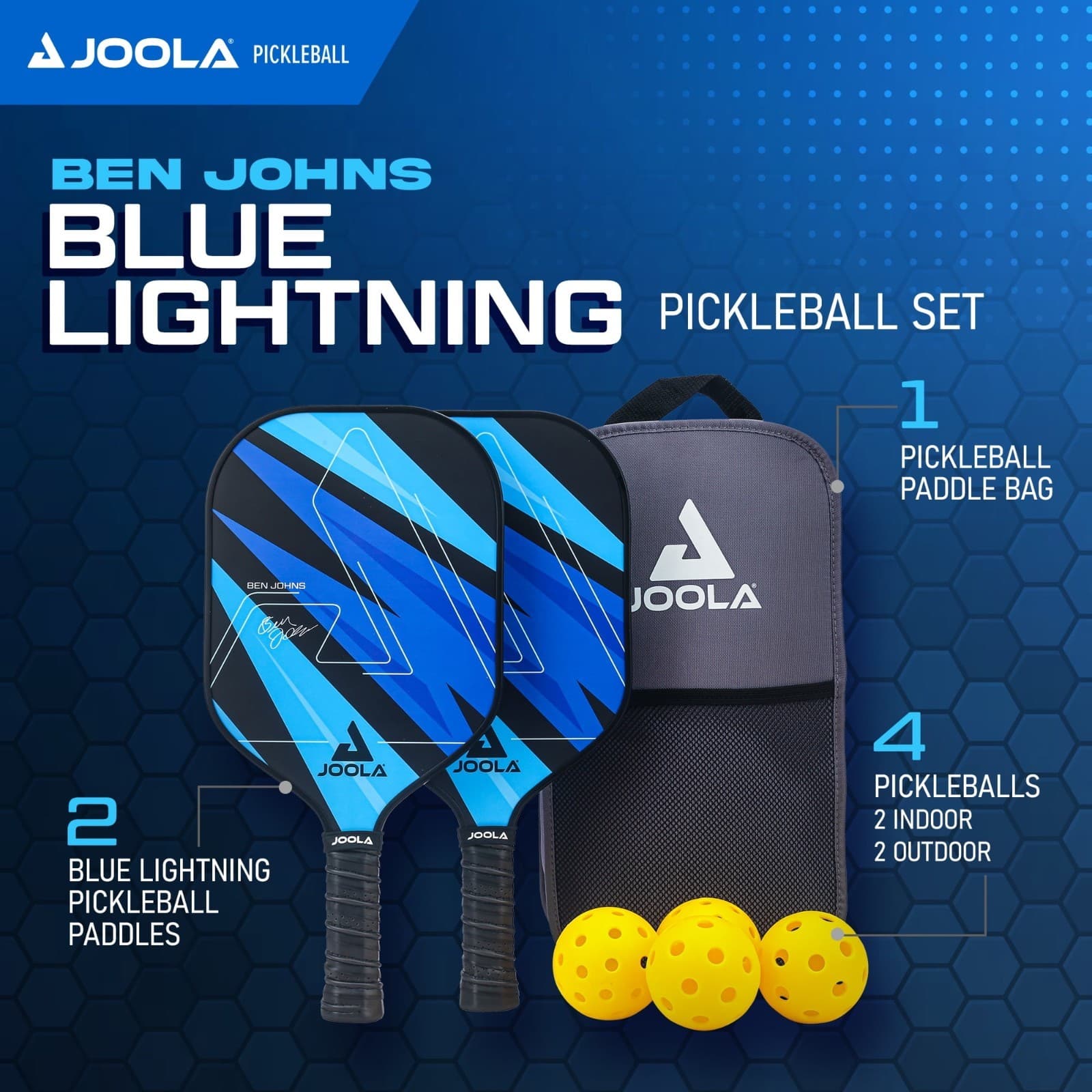 Joola Ben Johns Blue Lightning 2 Pickleball Paddles 4 Balls Set Indoor 2
