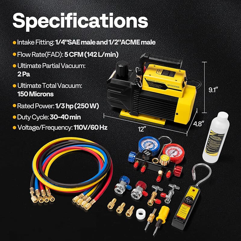 Air Vacuum Pump 1/3 HP 5 CFM & 4 Way Manifold Gauge Set HVAC AC Refrigerant Kit 2