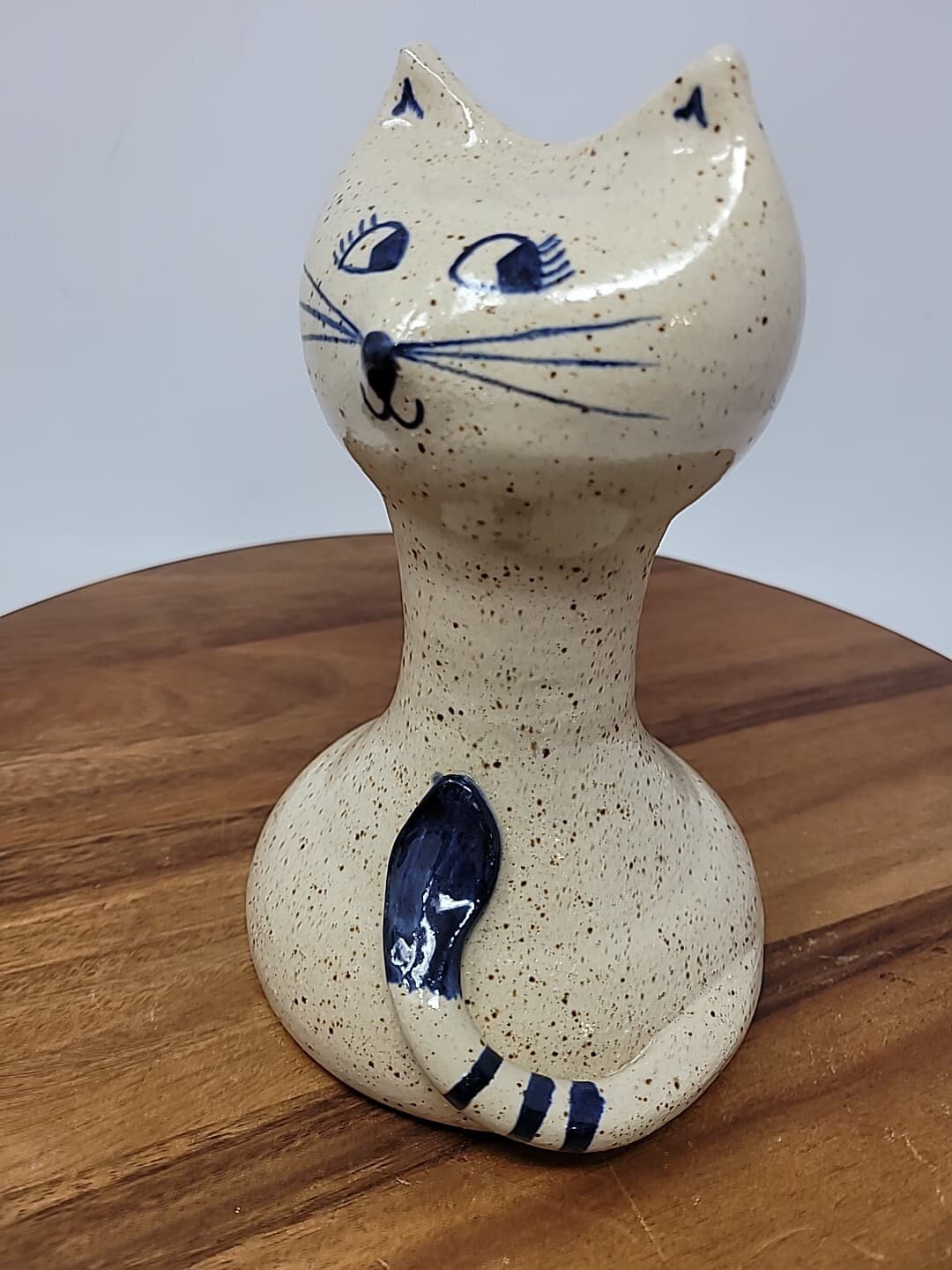 Vintage Skinny Cat Piggy Bank Stoneware Studio Art  Pottery Folk Hesperus Blue 2