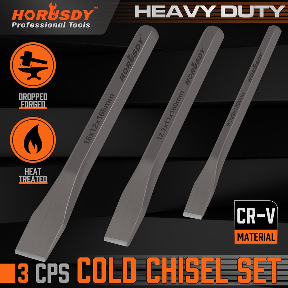 3-Piece Heavy Duty Cold Chisels Set 3/8 in 1/2 in 5/8 in CR-V Heat Treated