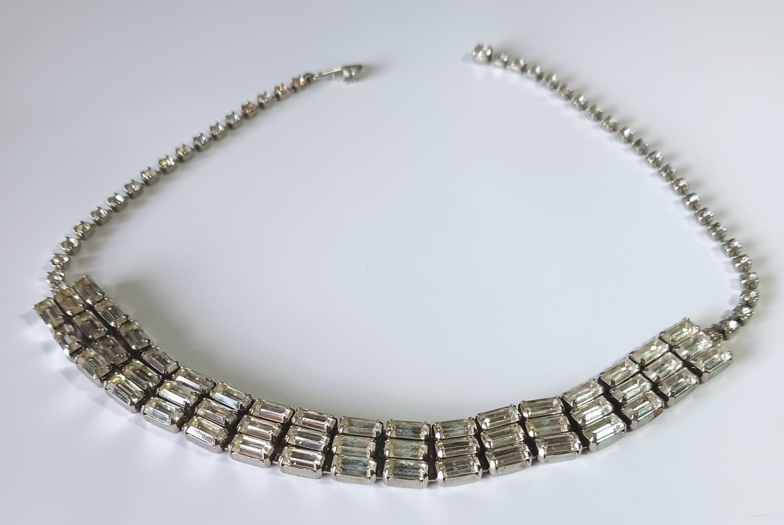 Vintage Silver-tone Necklace w 3 Rows of Baguette White Rhinestones 16" 4