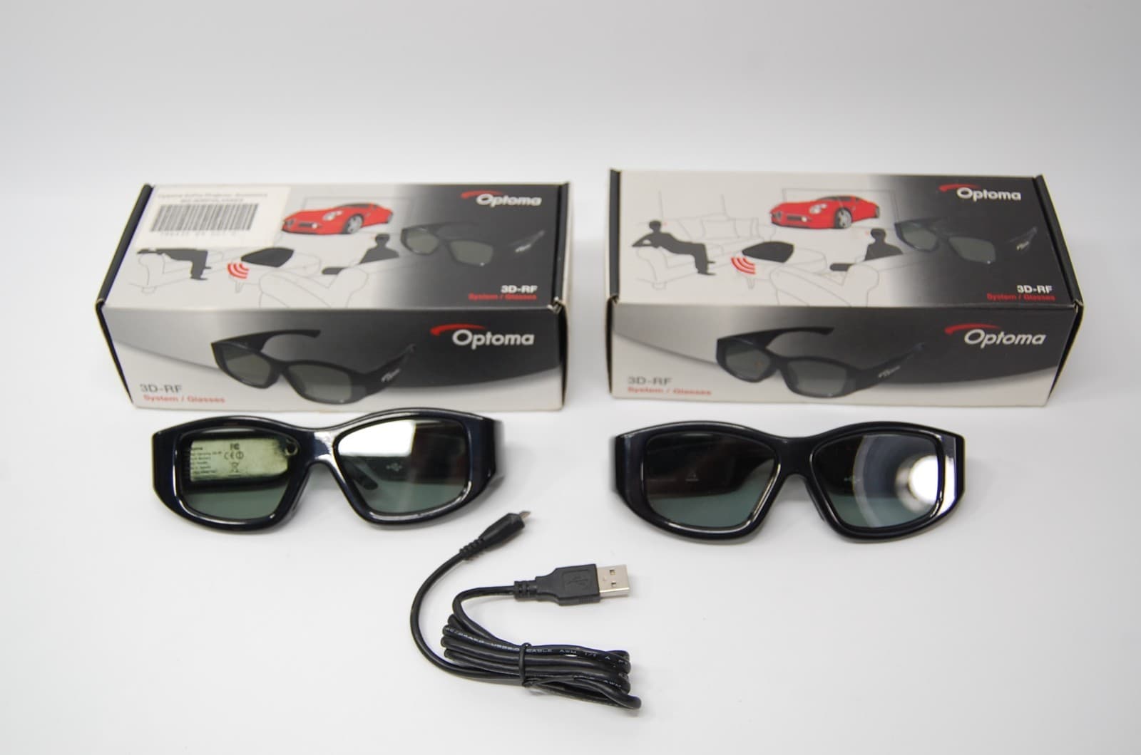 2 Optoma 3D-RF Glasses Rechargeable 1 Micro USB Cable VESA 3D Sync Tested 2