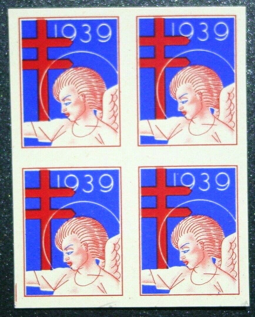 United States, 1939 Christmas Seal Block of 4, Imperf, 39-2pxB, MNH, No Gum