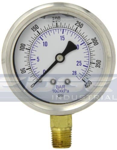 LIQUID FILLED PRESSURE GAUGE 0-400 PSI, 2.5" FACE, 1/4" NPT LOWER MOUNT WOG