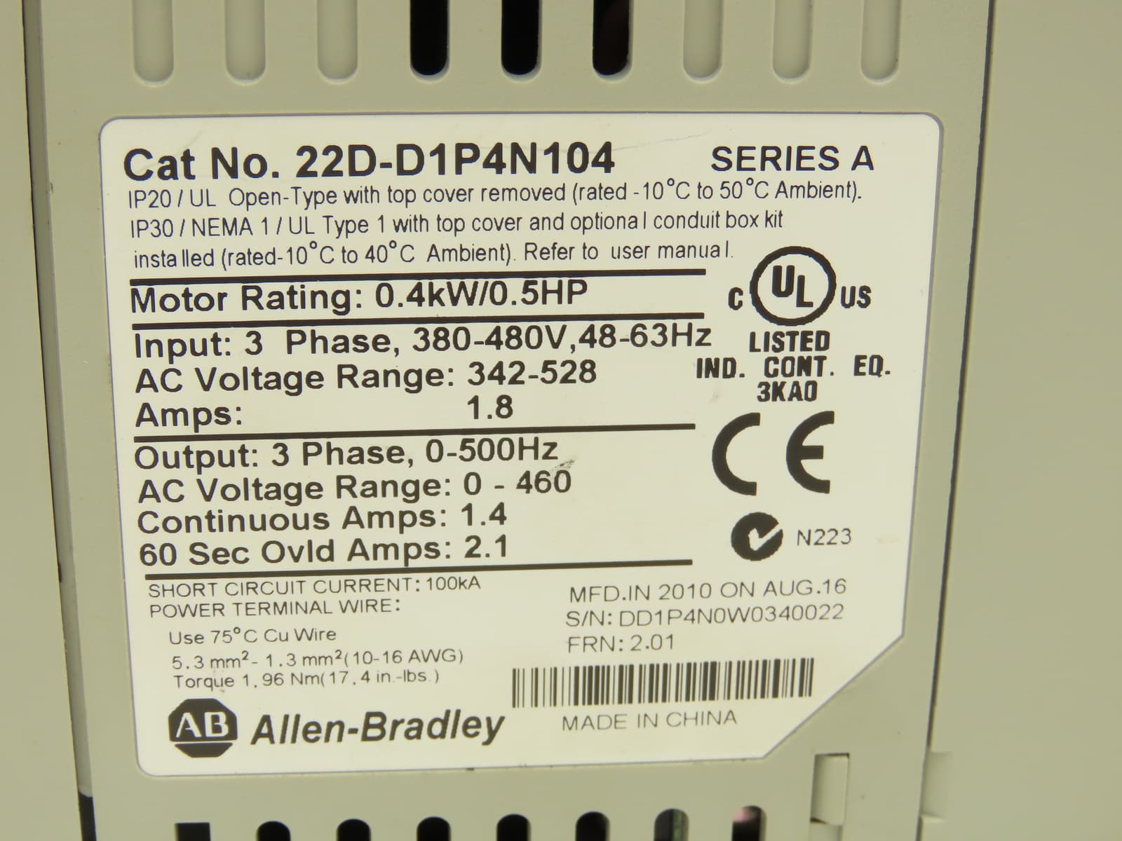 Allen Bradley 22D-D1P4N104 PowerFlex 40P VFD 3Ph 0.5Hp 460v 1.4A 500Hz 2