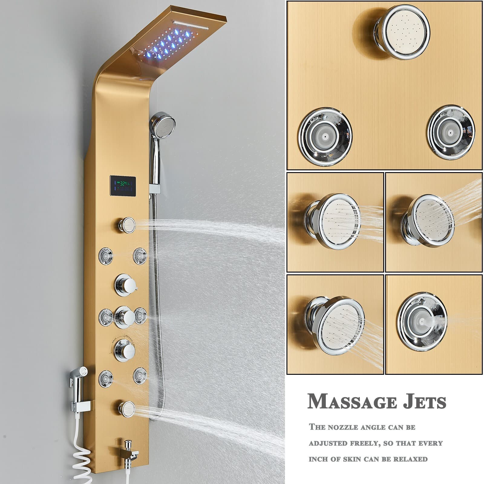 Gold LED Shower Panel Tower Rain Waterfall Massage Jets System Stainless Steel 5