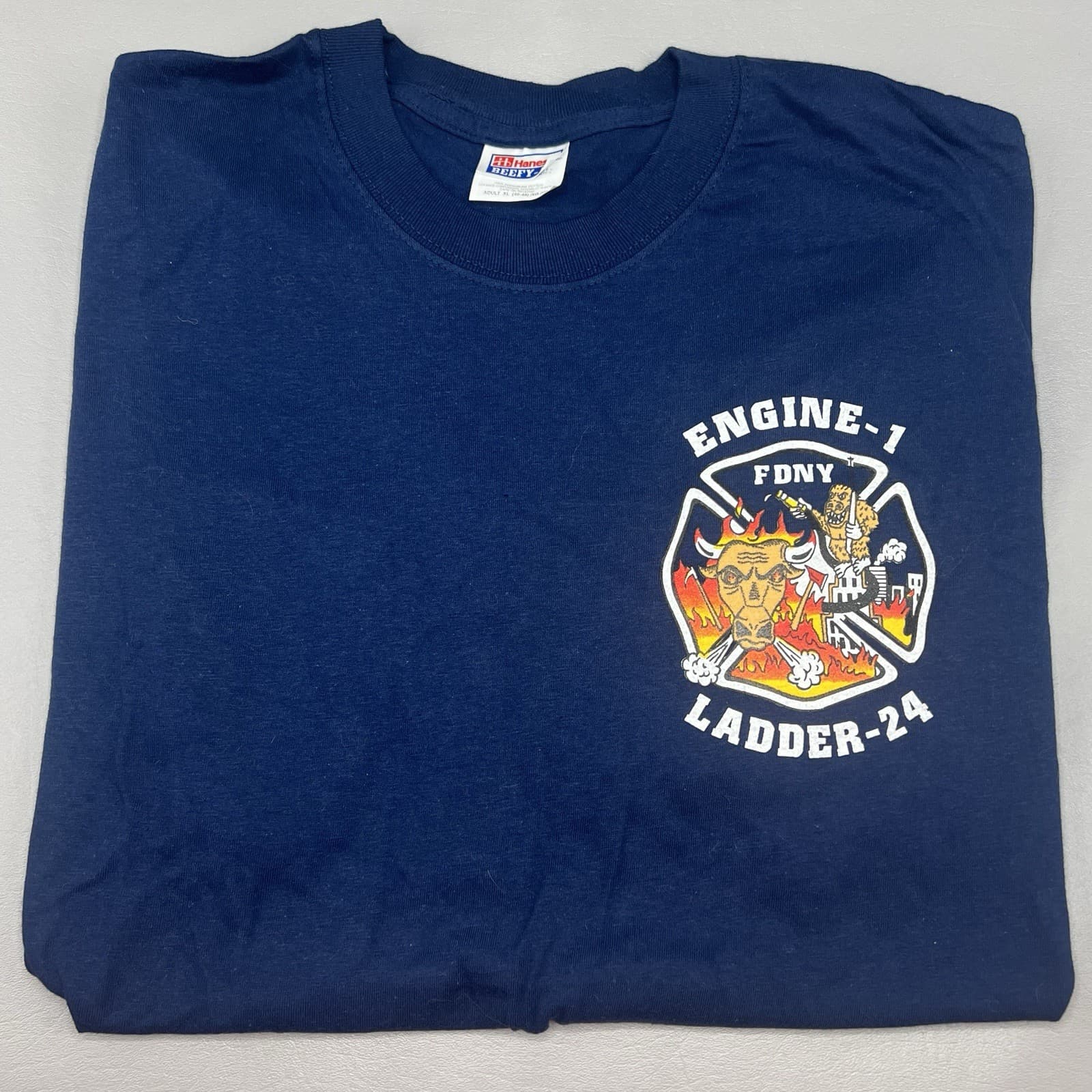 Vtg Fire Fighter Engine 1 Ladder 24 Shirt FDNY Bull Gorilla XL Beefy Tee 9-11 2