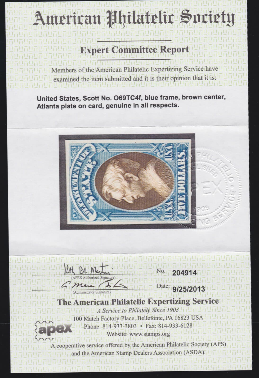 US O69TC4f $5 State Dept Official Atlanta Trial Color Proof Cert VF-XF SCV$1000 3