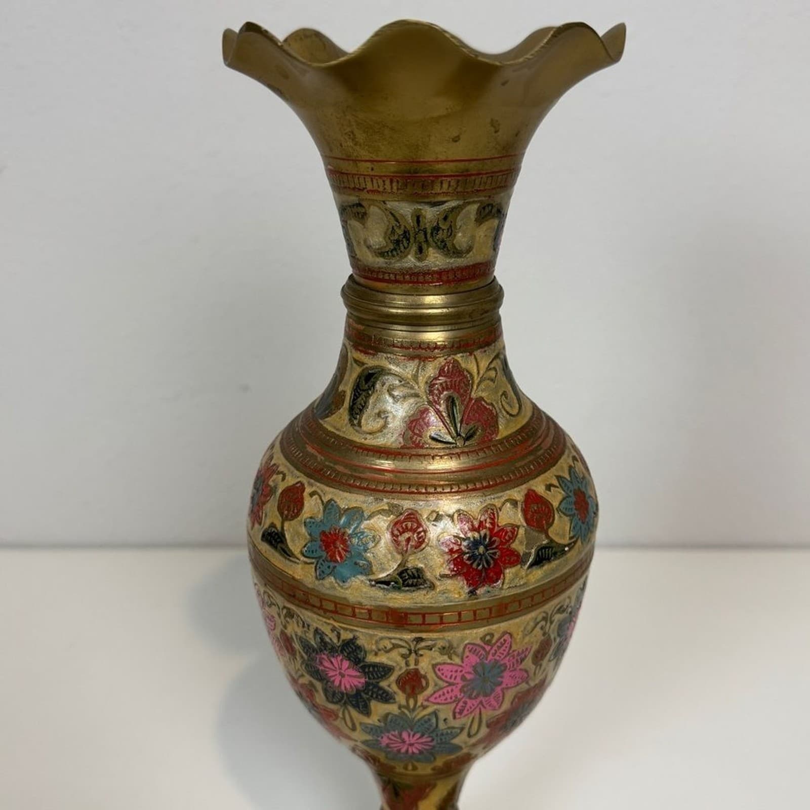 Vintage Enameled Fluted Brass Vase India 12 inch 2