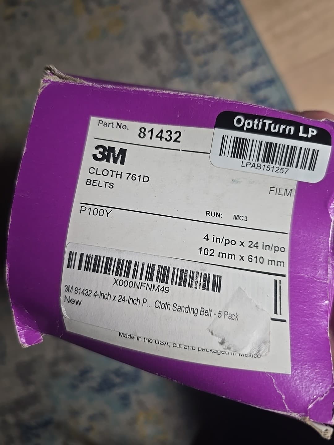 3M 761D sanding belts P100Y 4" X 24" 102mm x 610mm 5pk 2