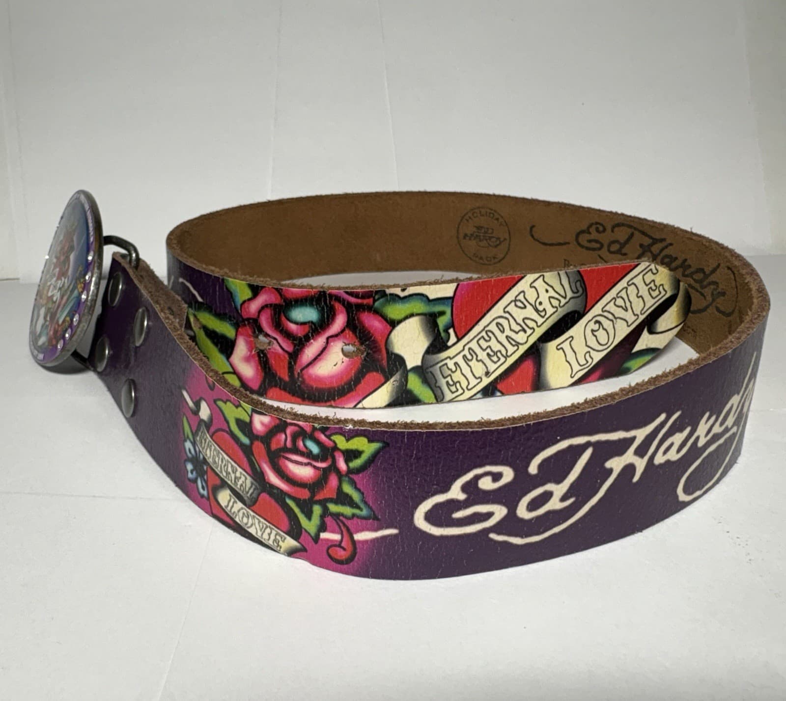 ED HARDY Holiday CHRISTIAN AUDIGIER ETERNAL LOVE Purple Leather Belt Buckle S 2