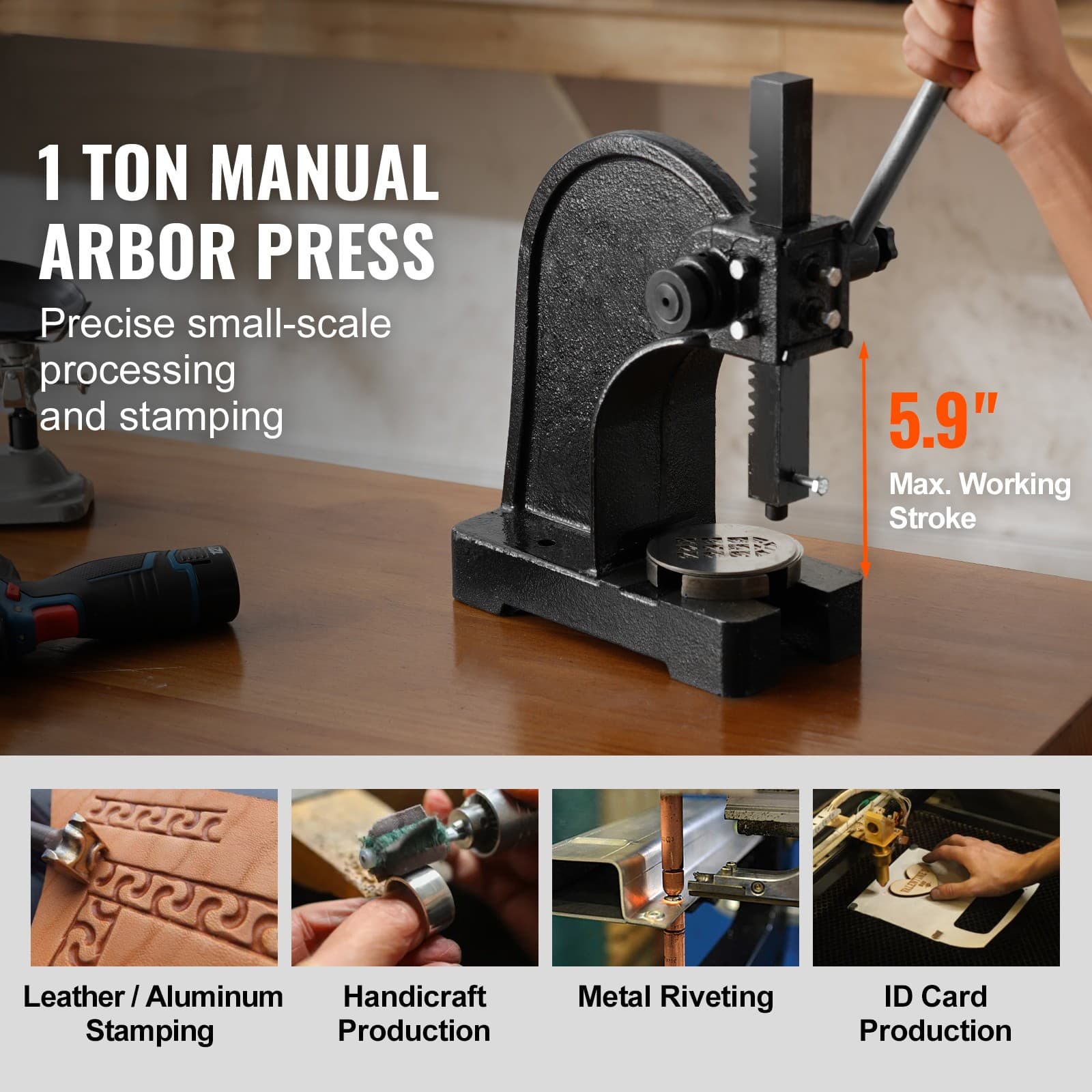 Arbor Press 1 Ton Manual Desktop Press Lever Mountable Bearings Cast Iron 2