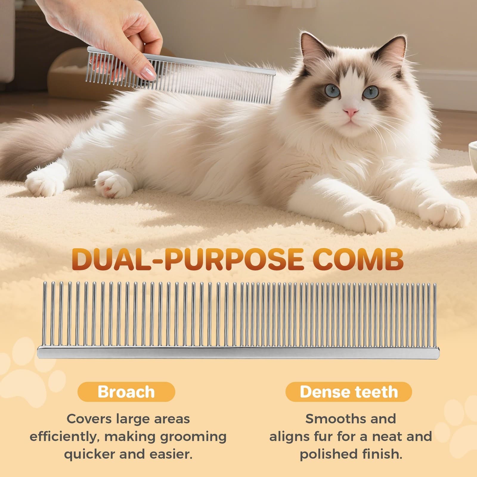 7.5 SS Pet Grooming Comb, Dogs Cats, Wide Dense Teeth, Tangles, Dematting 2