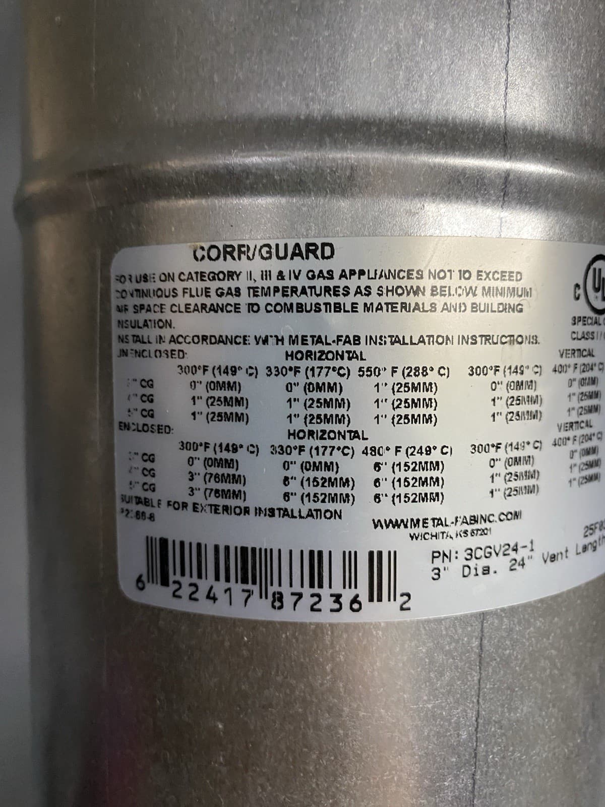 Corr Guard 24” Double-Wall Metal Water Heater Gas Vent Pipe 3" Diameter 3CGV24-1 4