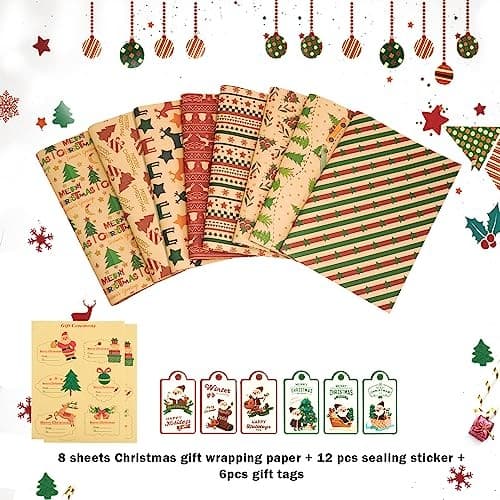 Christmas Wrapping Paper Sheets, 8 Sheets Recycled Xmas Wrapping Red and Brown 4