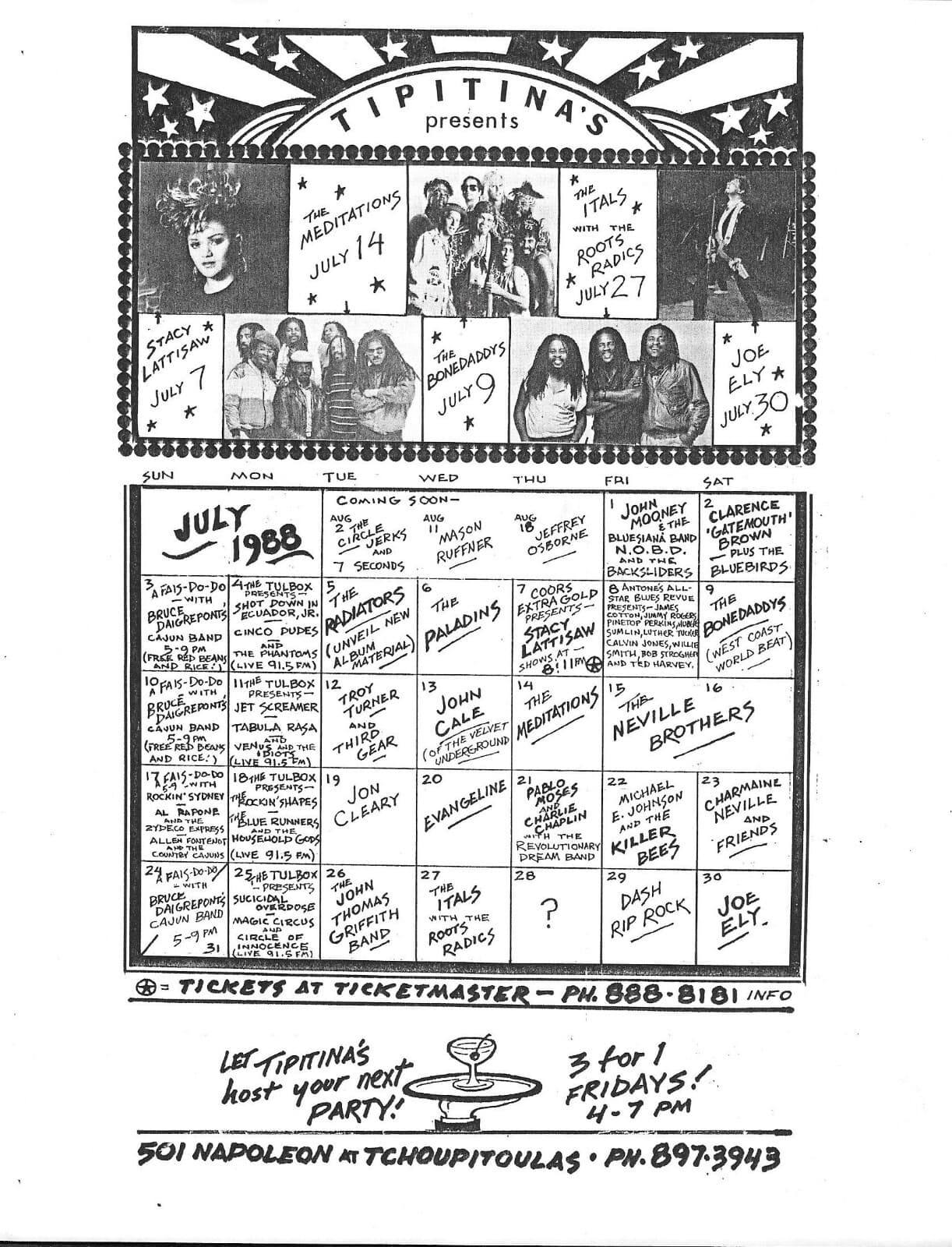 TIPITINA'S Original Concert Handbill Flyer Nevilles Radiators BLUES New Orleans