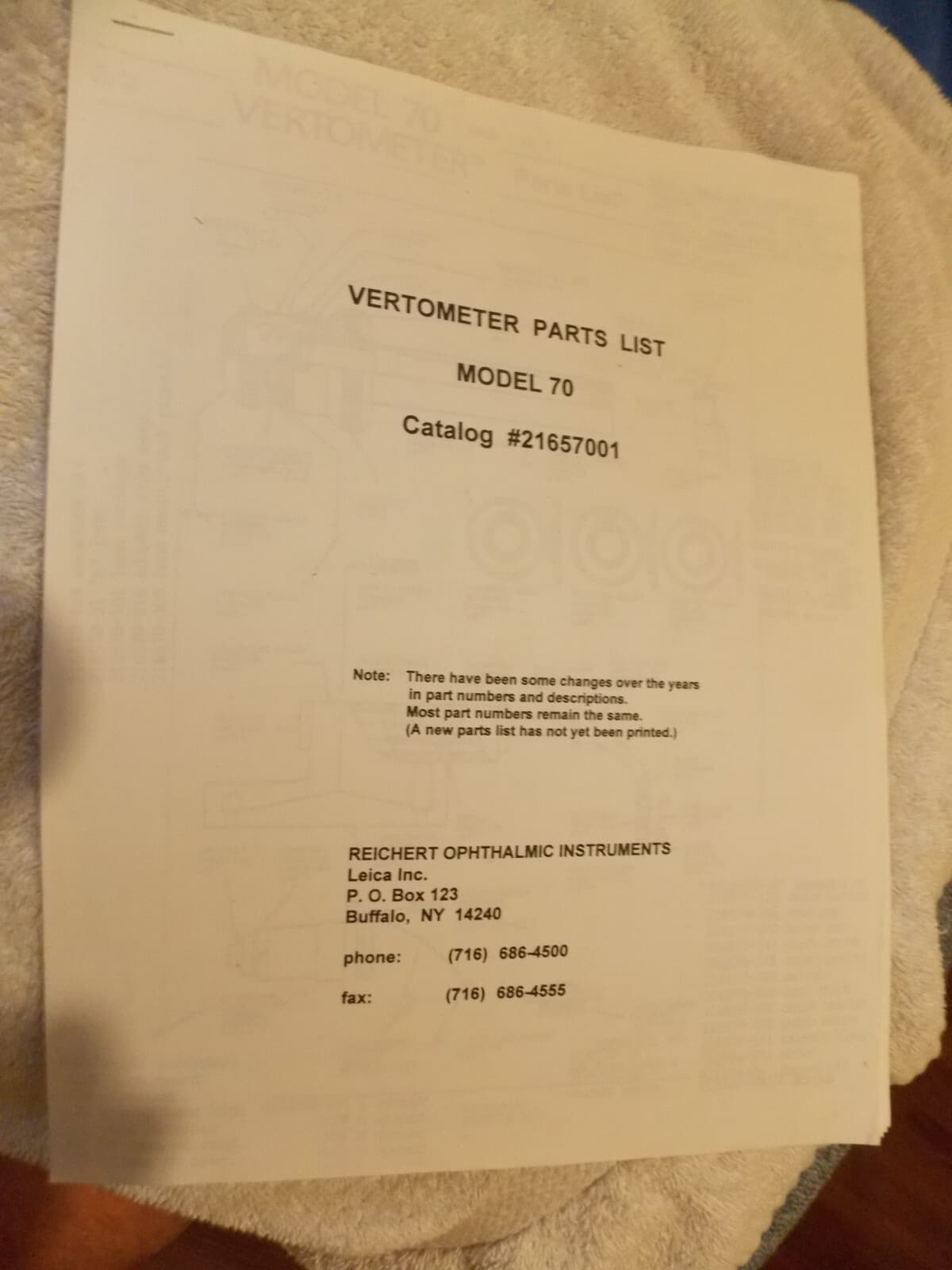 Bausch & Lomb Reichert Ophthalmic Model 70 vertometer Catalog PARTS LIST (copy)