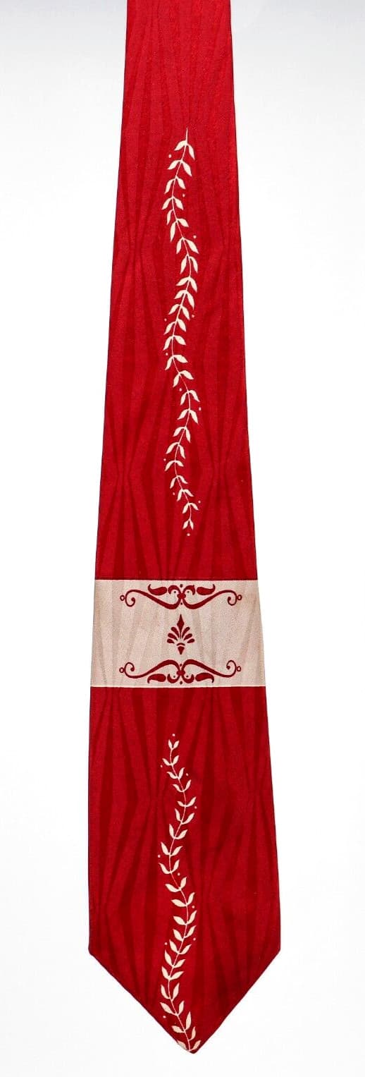 Vintage 40s 50s Men's Necktie Swing Rockabilly Satin Damask Red Cream 51"x 3.5"