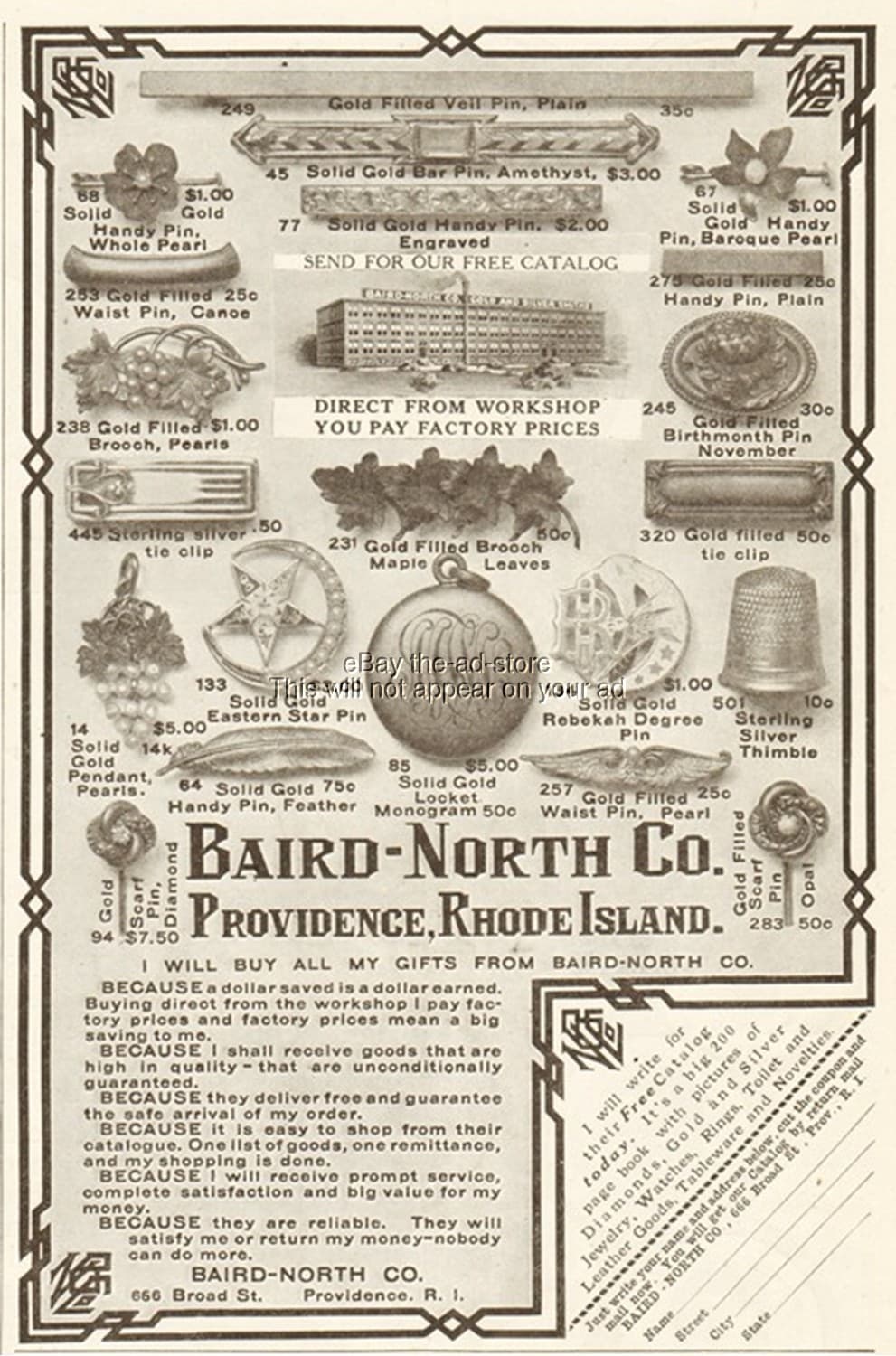 1912 Baird North Co Providence Rhode Island Thimble Scarf Pin Jewelry Ad
