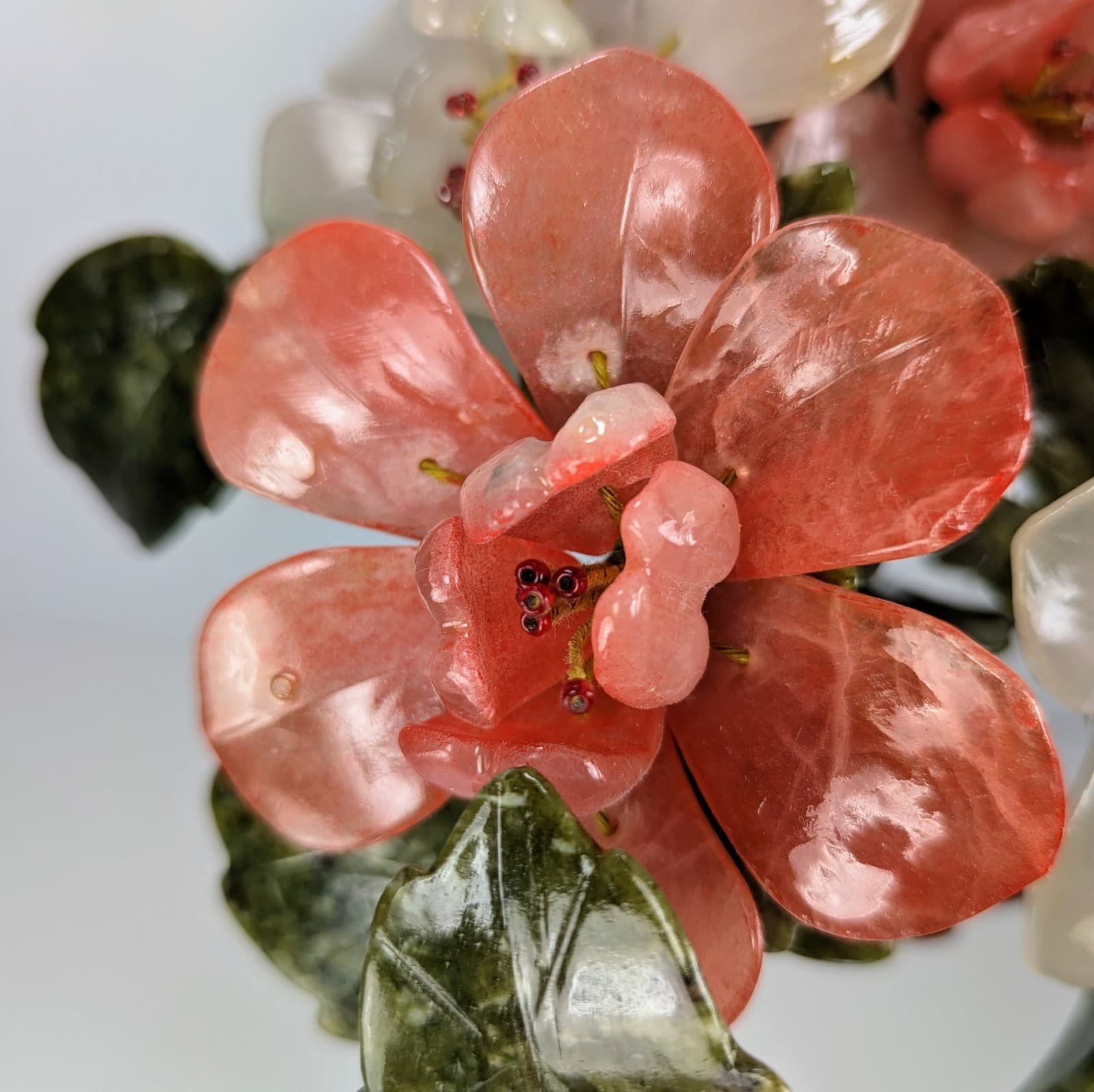 VTG Chinese BONSAI Tree Jade CHERRY BLOSSOMS White Red FLOWERS Agate Stone 13"T 4