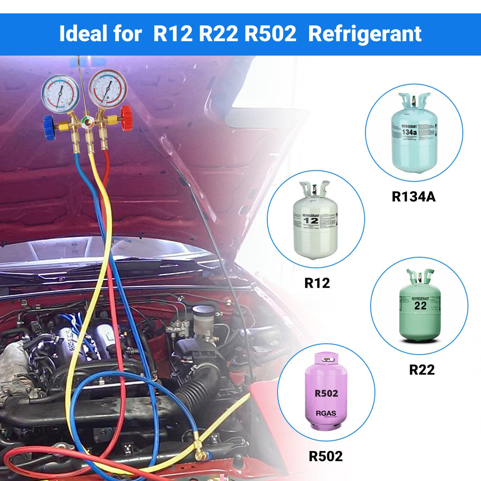Air Conditioner Manifold Gauge Set AC A/C Charging Hose Air HVAC Kit For Car 2