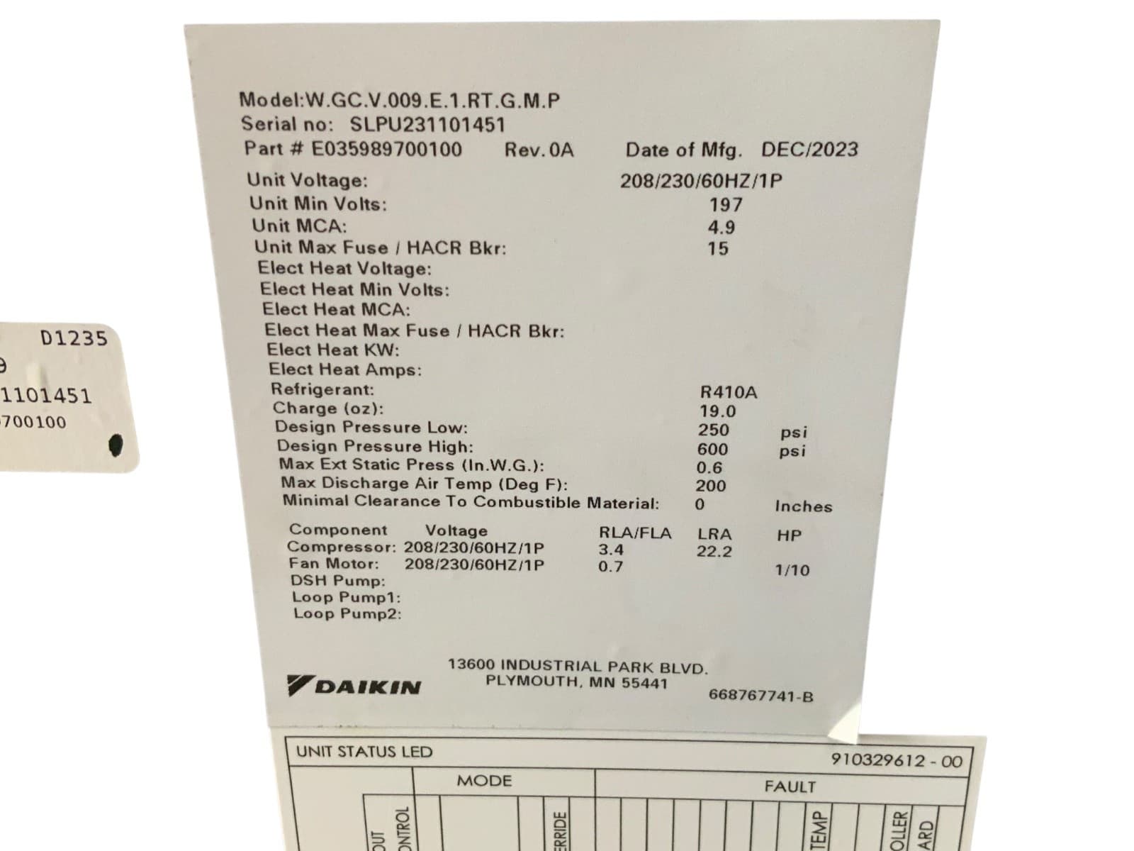 Daikin Water Source Heat Pump WSHP Vertical Compact 208/230V 1Ph 2