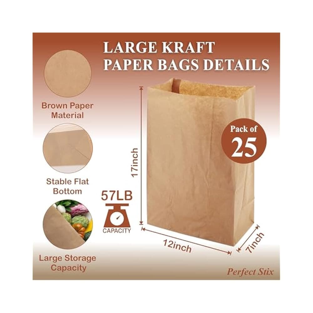 57lb Kraft Bags, 25ct, High Quality Grocery & Retail Bags, 12x7x17 Inch 2