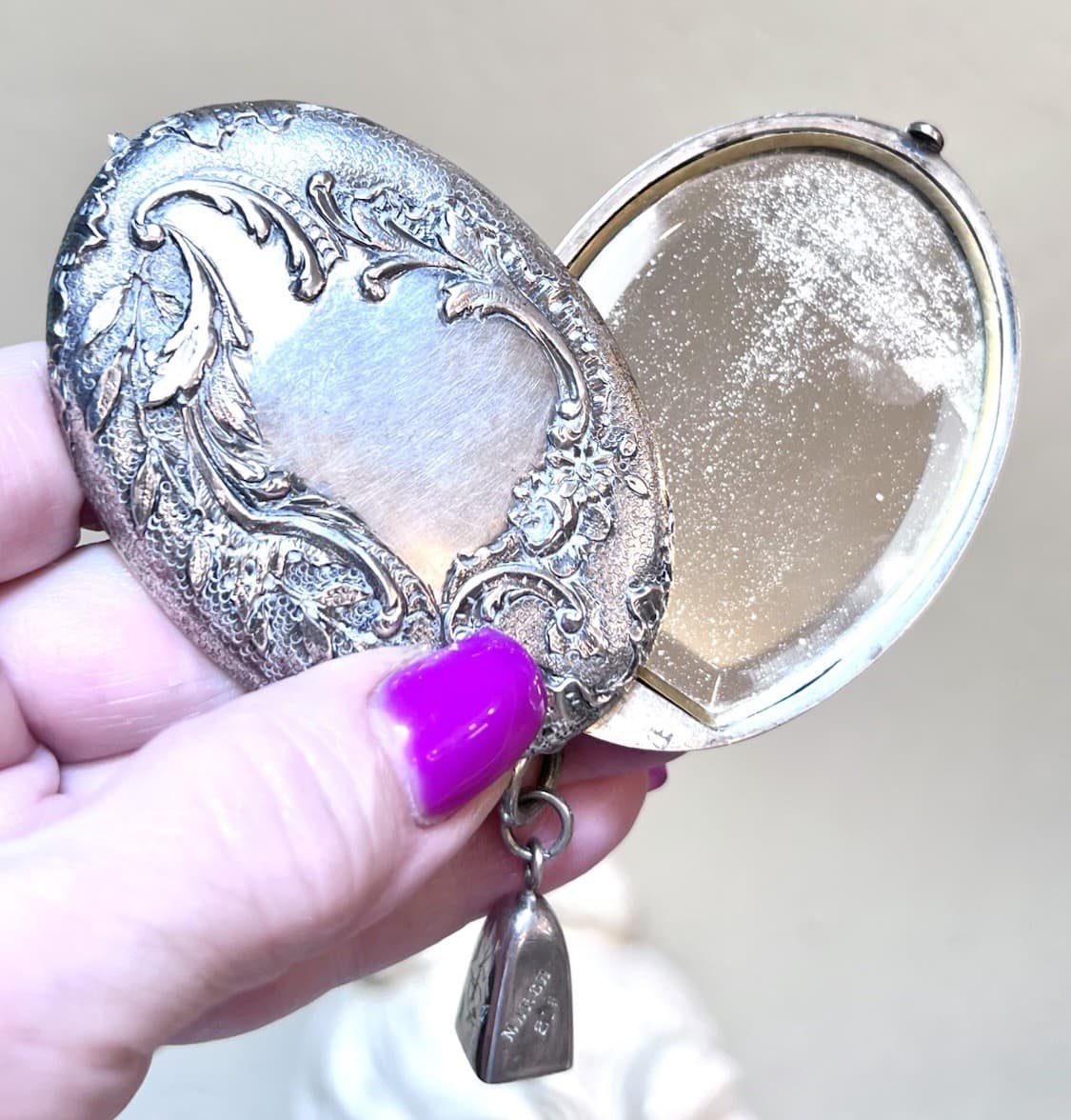 GORGEOUS Victorian Antique .800 Silver Ornate Chatelaine Slide Mirror/Pendant 4