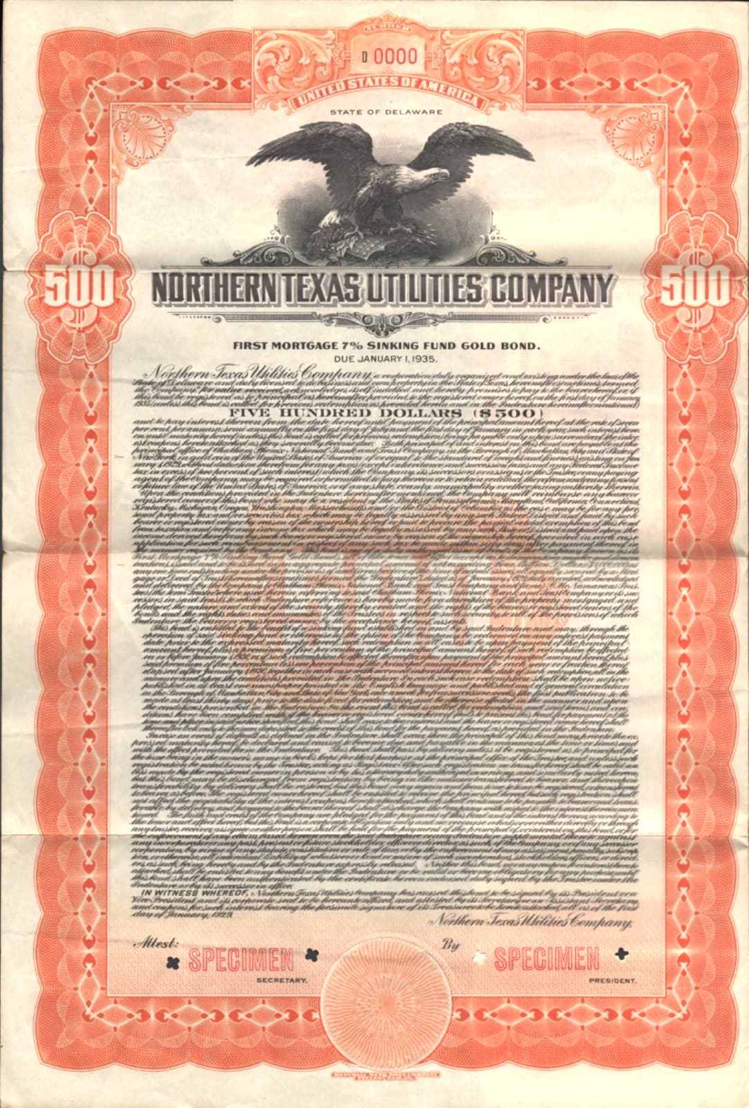 1926 NORTHERN TEXAS UTILITIES CO. old stock certificate SINKING FUND GOLD BOND