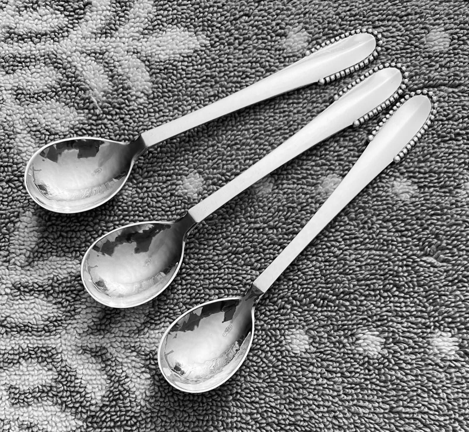 GEORG JENSEN Beaded Stlg Teaspoons, 3/Set (Small, Old Style Oval Bowls), 5” . 3