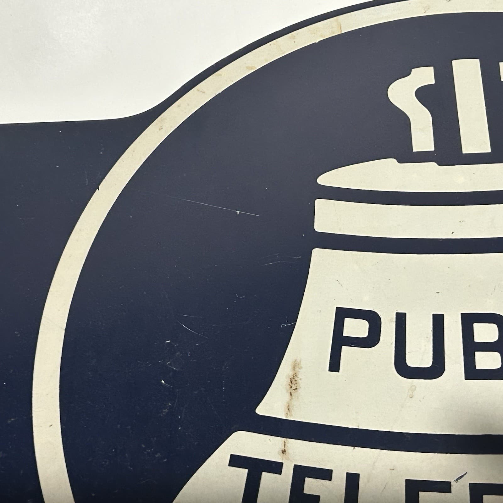 Vtg Metal Public Telephone Sign Bell System Double Sided Flange Bllue White 4