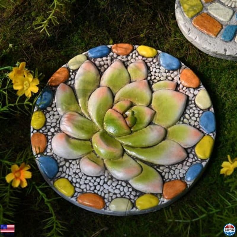Vibrant Succulent Cement Stepping Stones - Multicolored Outdoor Pavers, 10"x10 2
