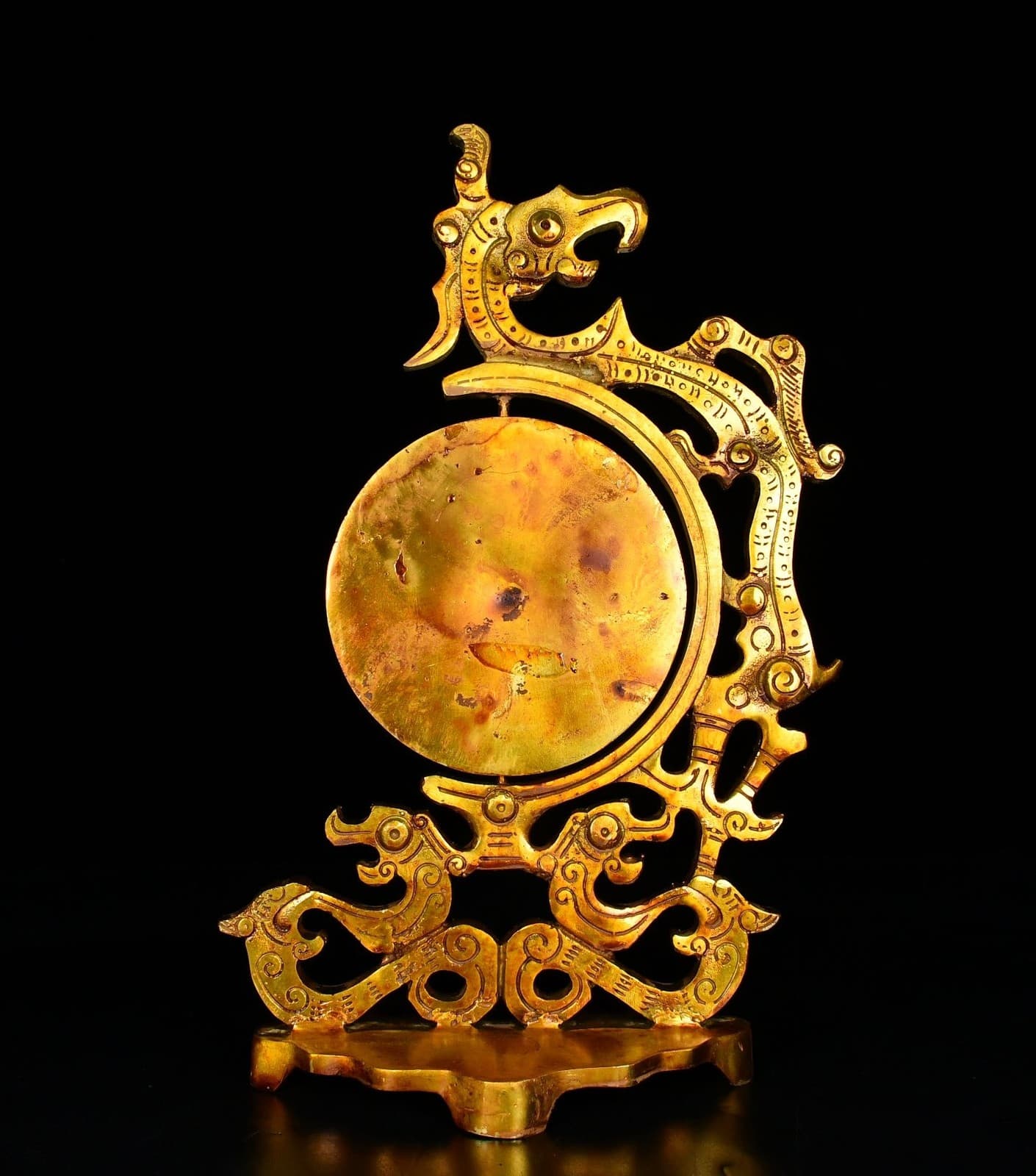 11.2" Ancient Warring States bronze Hand carving Gilt dragon Phoenix mirror 6