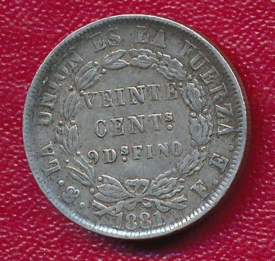 BOLIVIA 1881 20 CENTAVOS SILVER COIN **LIGHTLY CIRCULATED** FREE SHIP!! 2