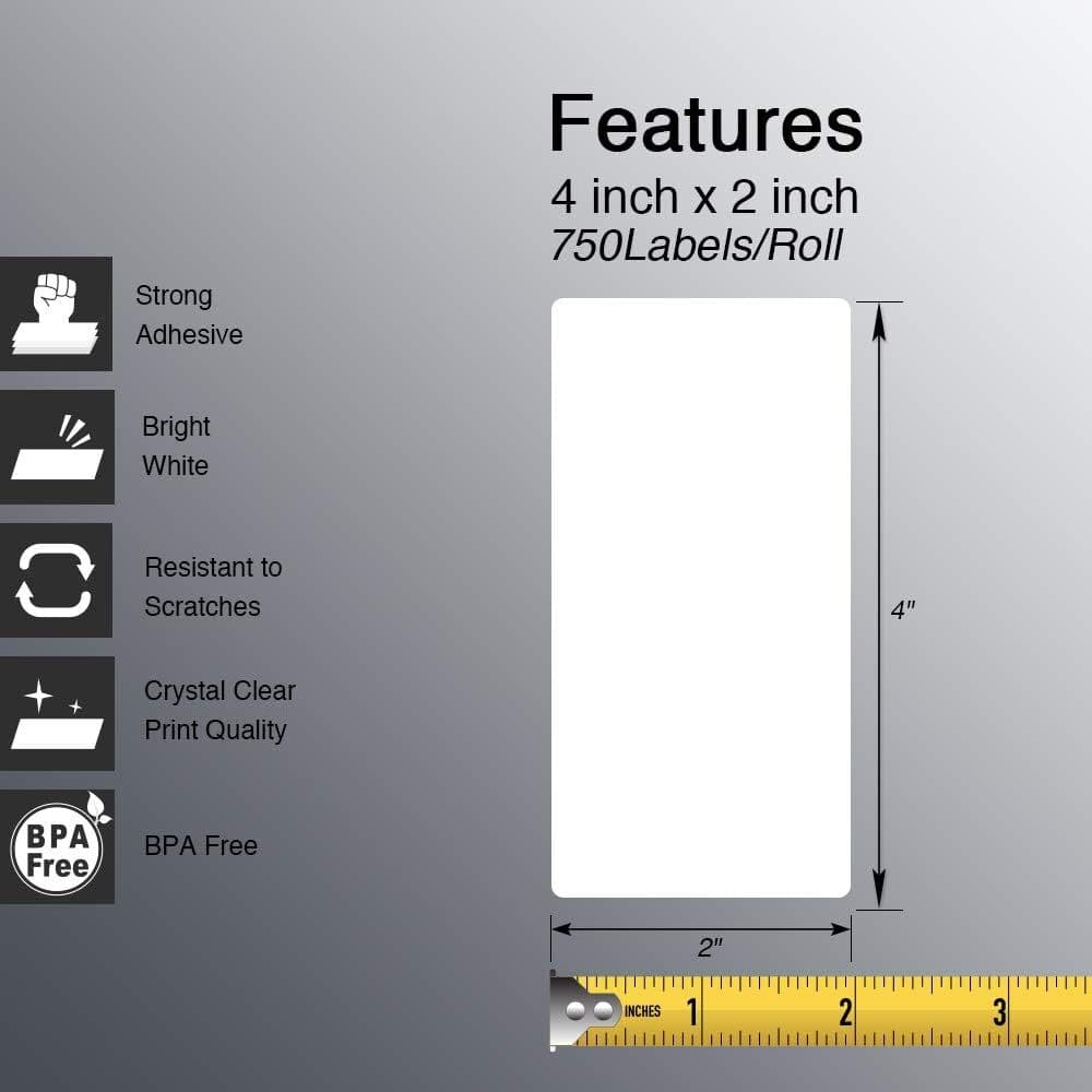 4 x 2 Direct Thermal Labels for Zebra LP 2844 GX ZP Models 750 Labels Per Roll 2