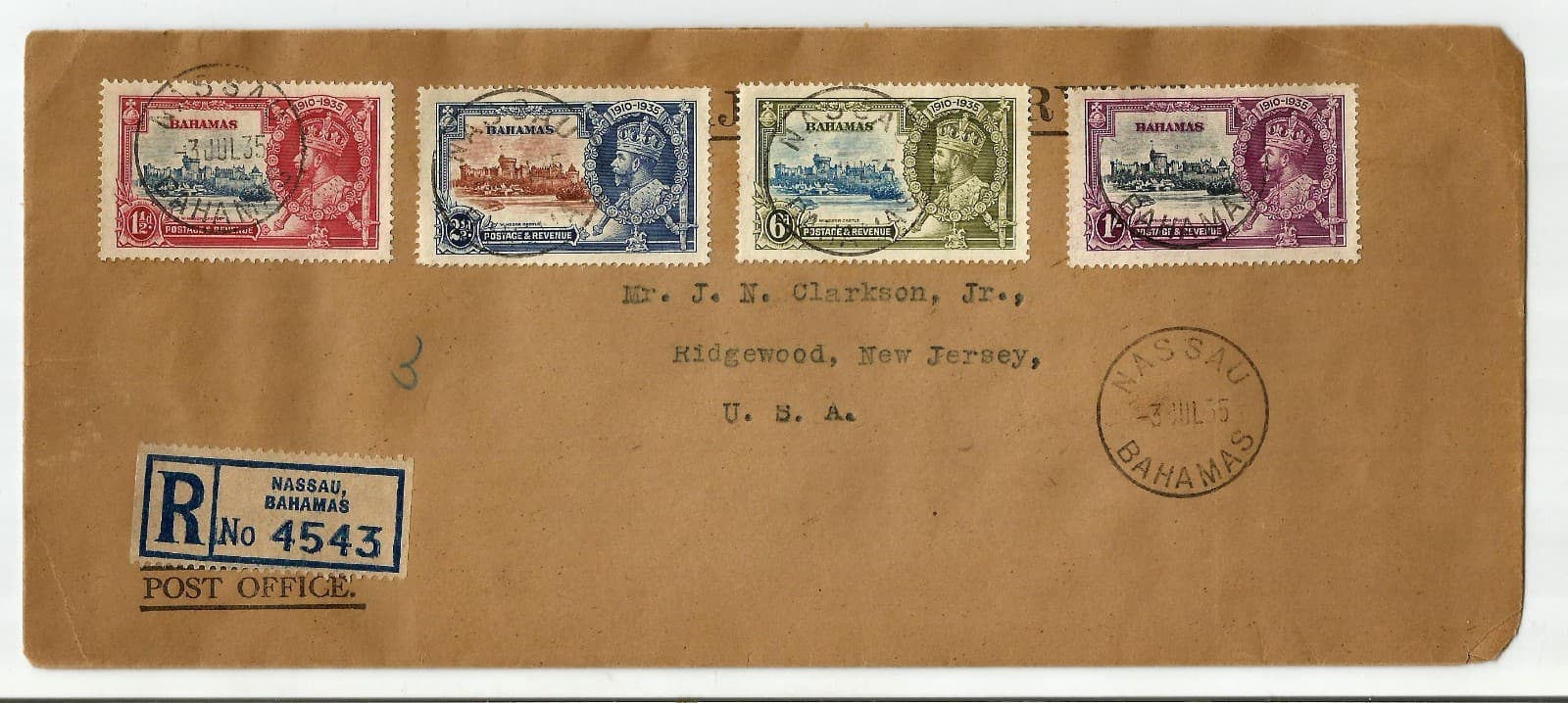 Bahamas 1935 SJ set used on registered cover sent to New Jersey the USA, SG: 141