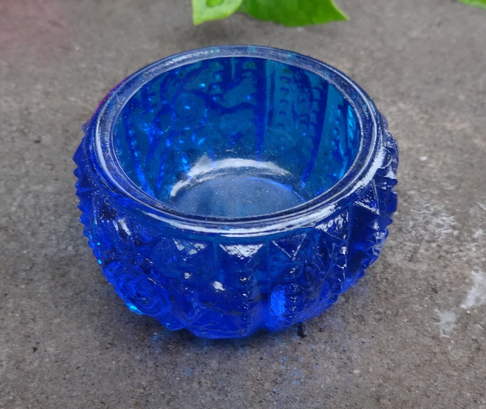 Dark, Aqua Blue Glass Open Salt Dip, Cellar, Dish w/Roses, Ridges! 2