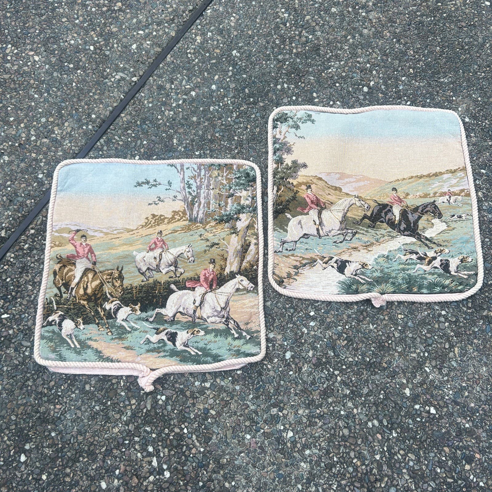 Vintage Equestrian Fox Hunt Tapestry Pillow Shams A Pair 3
