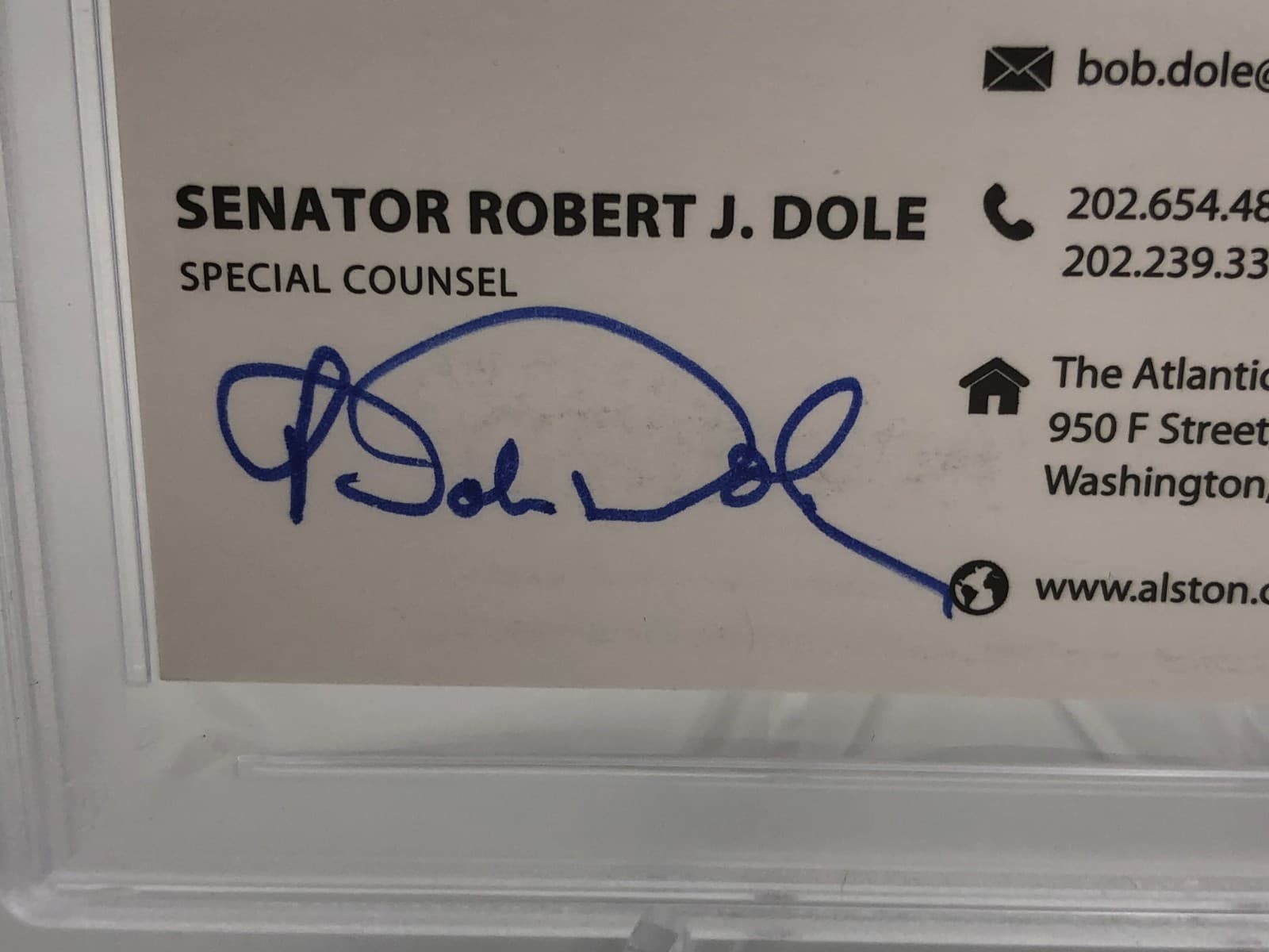 Senator ROBERT DOLE PSA AUTO Authentic Signed BUSINESS Card ALSTON & BIRD KANSAS 2