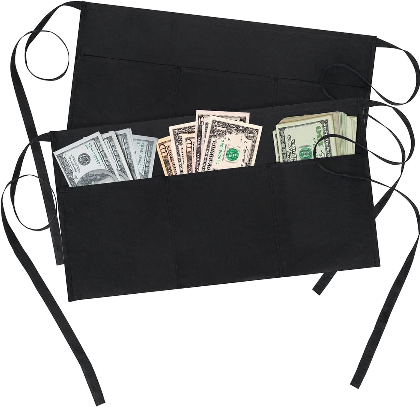 2 Pack Waitress Apron With 3 Pockets - Black Server Aprons - Waiter Short Hal...