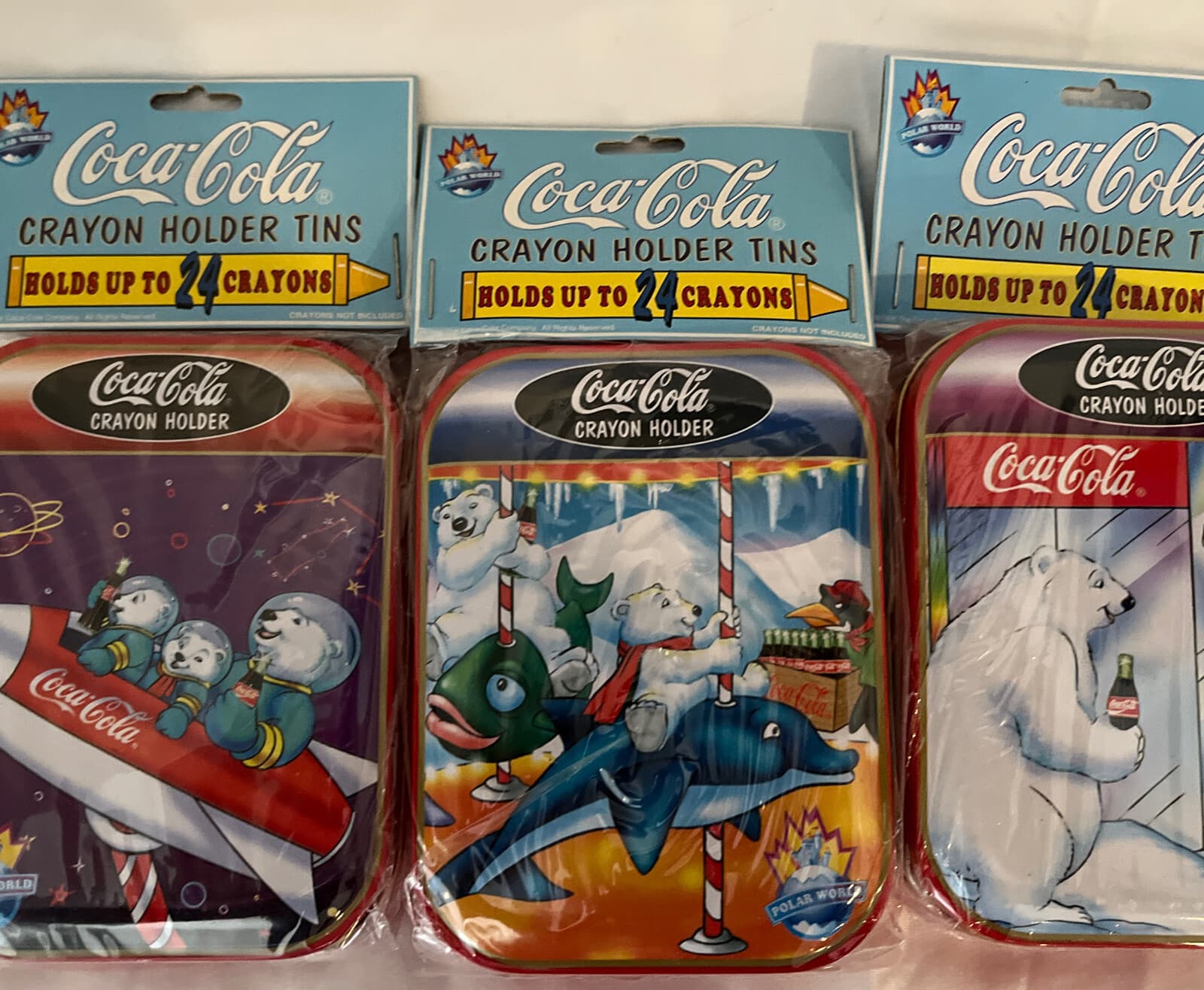 Coca-Cola Coke Polar Bear Crayon Holder Tin Lot 3x New Old Stock! 1996 Bears 3