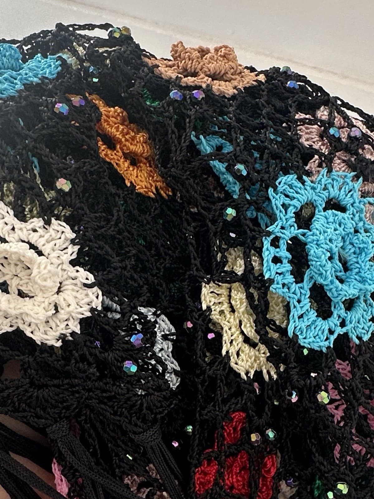 Vintage Crochet Rosette Beaded Fringed Piano Shawl One Size 6